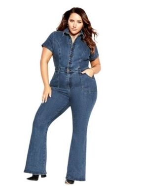City Chic Navy Denim Jumpsuit - Short Sleeve - Size 14